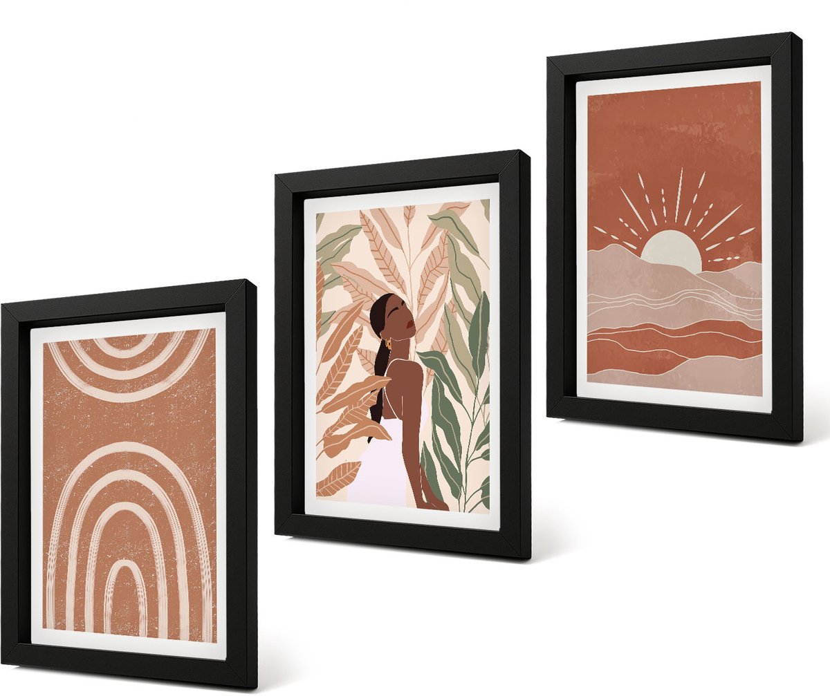 Coloray 4-Delige Schilderij Set - Boho abstracte vormen en illustraties - 20 x 30 cm - Decoratieve Muurdecoratie - Slaapkamer - Moderne Wanddecoratie