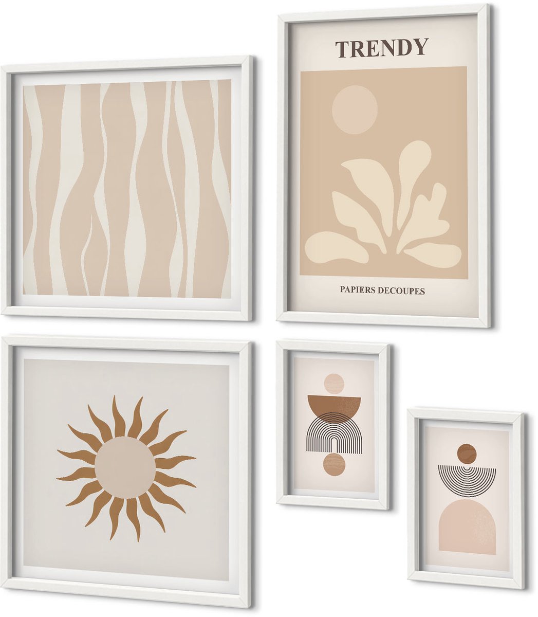 Coloray 5-Delige Schilderij Set - Stijlvolle Decoraties In Abstracte Vormen En Figuren. - 50 x 50 cm, 20 x 30 cm En 40 x 60 cm - Wanddecoratie - Woonkamer Decoratie