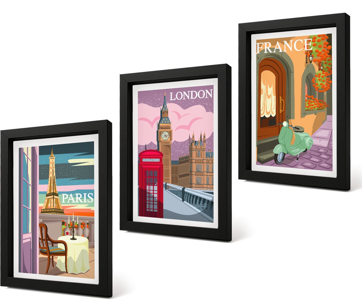 Coloray 4-Delige Schilderij Set - Retro stadsgezichten van Parijs, Londen en Frankrijk - 20 x 30 cm - Stijlvolle Wanddecoratie - Interieur - Woonkamer Decoratie