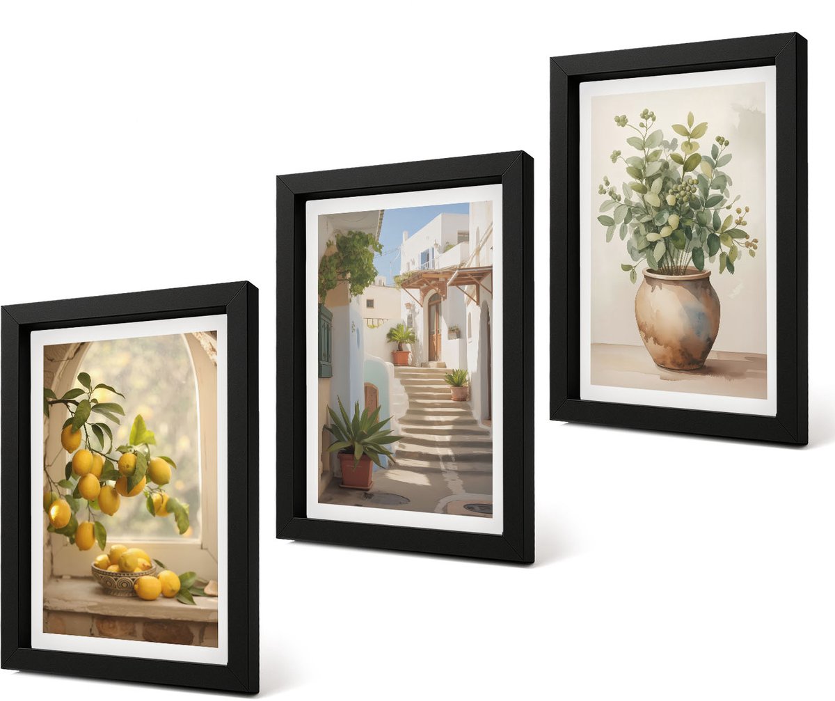Coloray 4-Delige Schilderij Set - Citroenen in een vaas en planten in een witte architectuur - 20 x 30 cm - Stijlvolle Muurdecoratie - Slaapkamer - Interieur Decoratie
