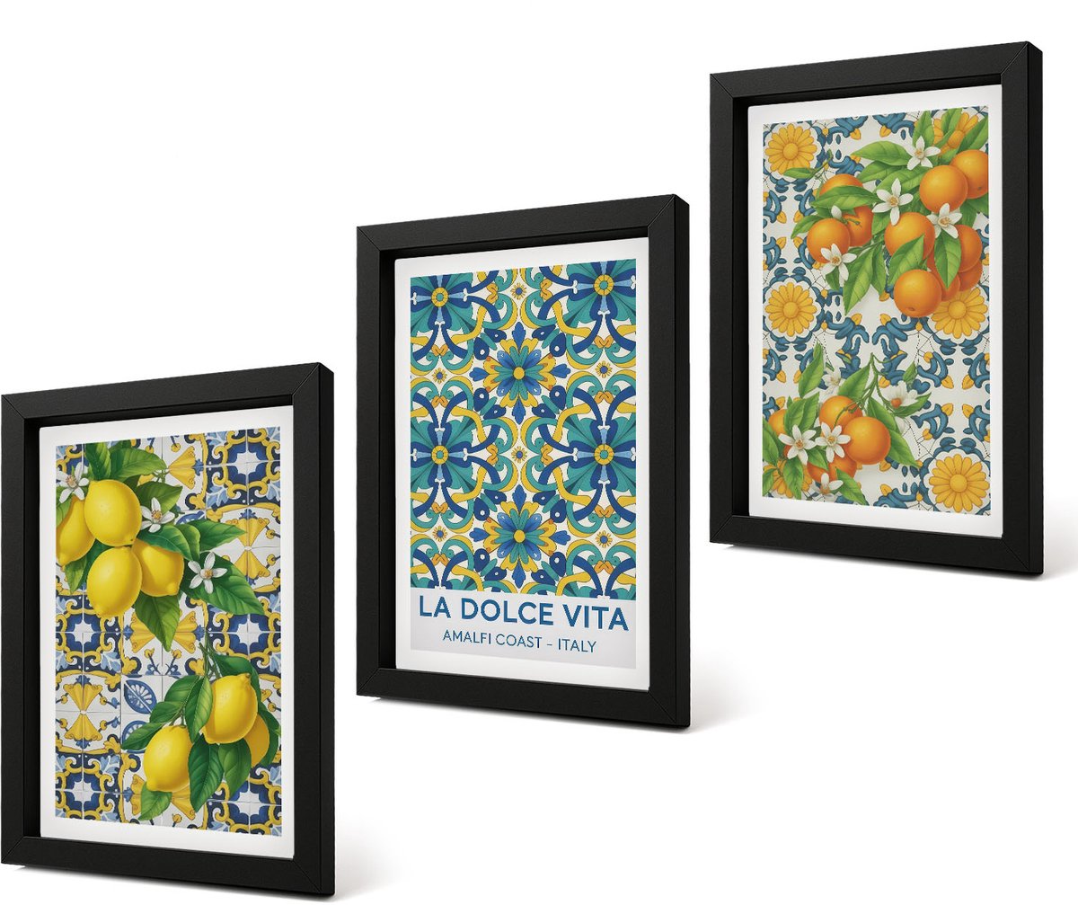 Coloray 4-Delige Schilderij Set - Citroenen, bloemen en sinaasappels in Italiaanse stijl - 20 x 30 cm - Wanddecoratie - Muurdecoratie - Moderne Interieurdecoratie