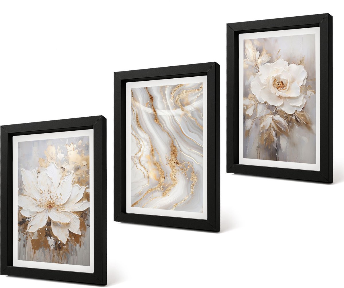 Coloray 4-Delige Schilderij Set - Bloemen en abstract marmerpatroon - 20 x 30 cm - Wanddecoratie - Schilderijen Set - Kantoor - Decoratieve Schilderijen