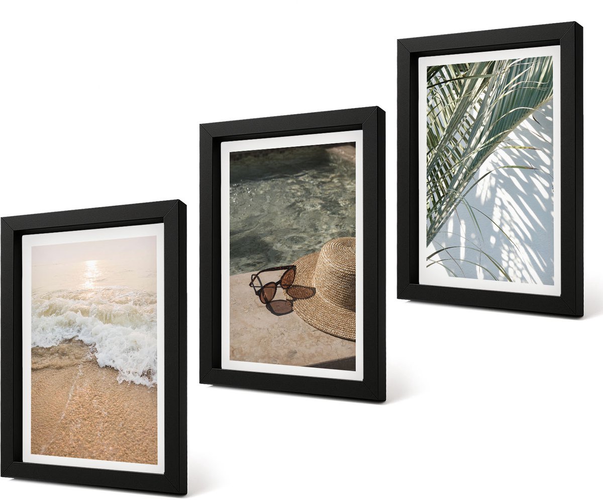 Coloray 4-Delige Schilderij Set - Water Strandhoed en zonnebril Bladeren - 20 x 30 cm - Wanddecoratie - Muurdecoratie - Woonkamer