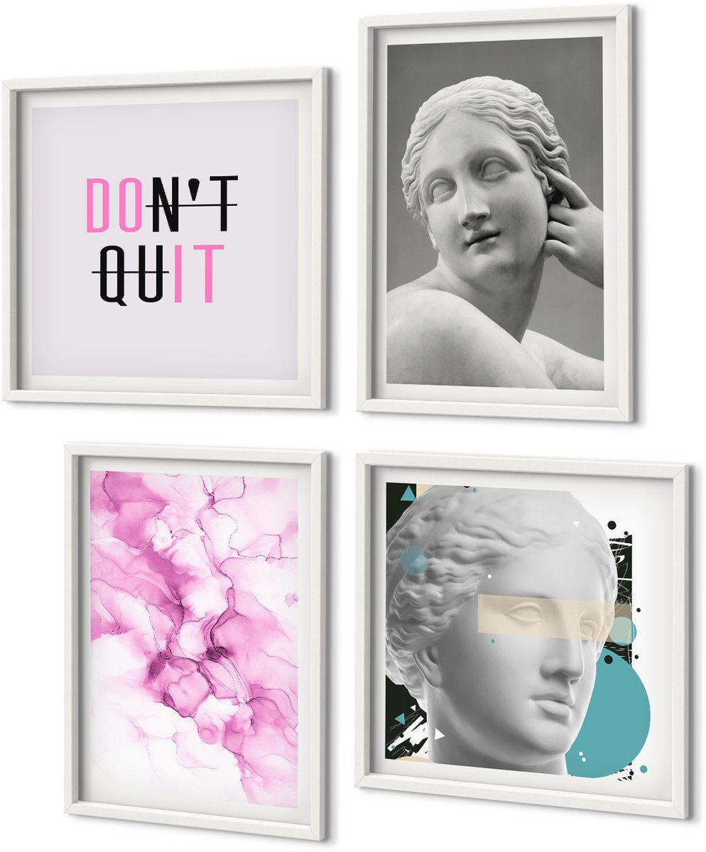 Coloray 4-Delige Schilderij Set - Aquarel Abstracte Inspirerende Slogan Antieke Beelden - 40 x 40 En 40 x 60 - Muurdecoratie - Schilderijen Set - Woonkamer - Decoratieve Schilderijen