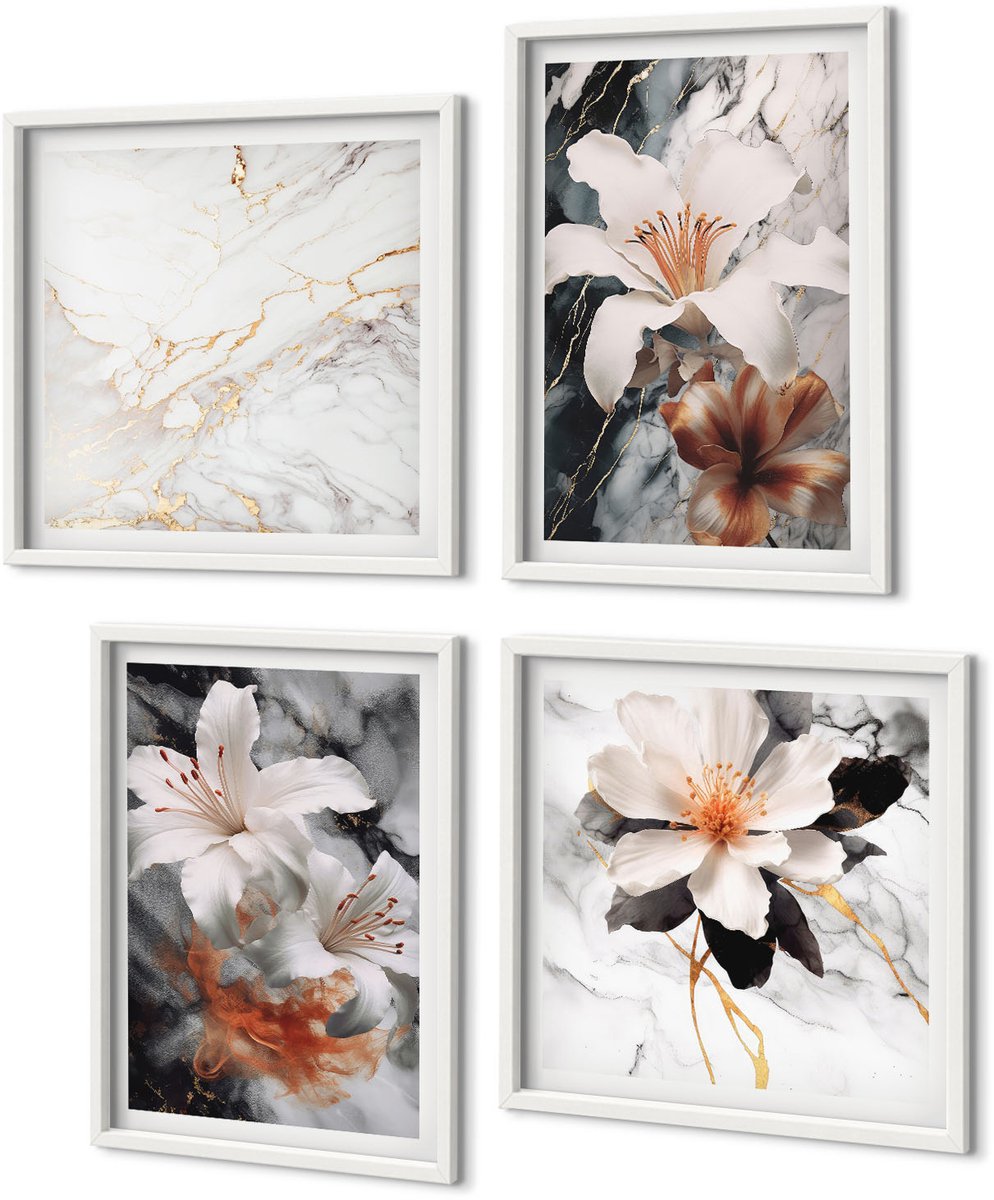 Coloray 4-Delige Schilderij Set - Bloemen Op Een Marmeren Achtergrond In Wit- En Zwarttinten. - 40 x 40 En 40 x 60 - Stijlvolle Muurdecoratie - Slaapkamer - Moderne Wanddecoratie