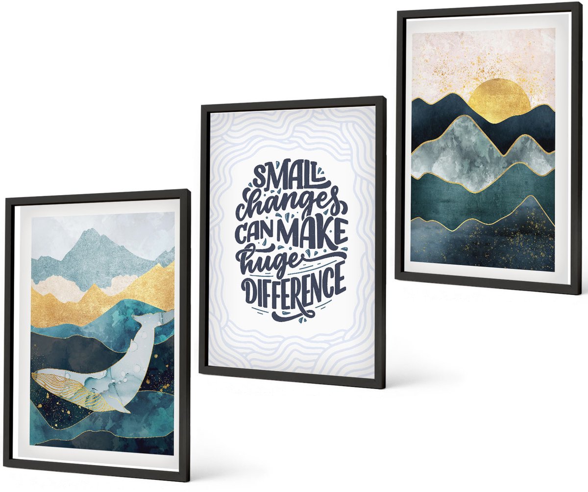 Coloray 3-Delige Schilderij Set - Abstracte Berglandschappen Met Inspirerende Belettering - 40 x 60 cm - Wanddecoratie - Muurdecoratie - Moderne Interieurdecoratie - Interieur Decoratie