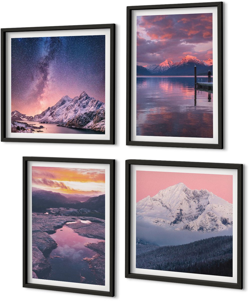 Coloray 4-Delige Schilderij Set - Bergen En Water In Prachtige Natuurlijke Landschappen - 40 x 40 cm En 40 x 60 cm - Wanddecoratie - Schilderijen Set - Kantoor - Moderne Wanddecoratie Zwarte lijst