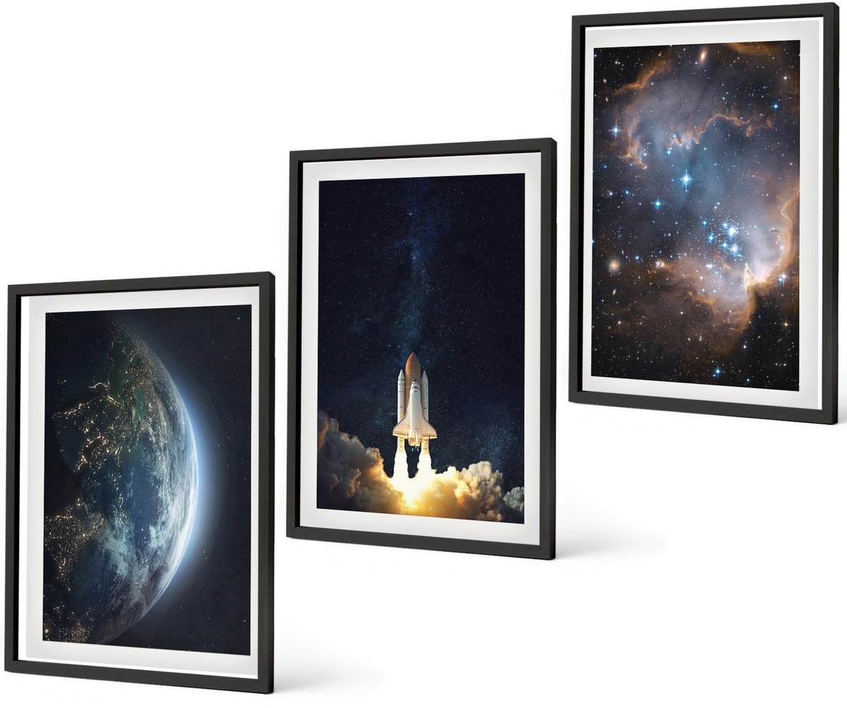 Coloray 3-Delige Schilderij Set - Ruimte Aarde Raket Melkweg Hemel Sterren - 40 x 60 cm - Decoratieve Schilderijen - Woonkamer - Interieur - Muurdecoratie