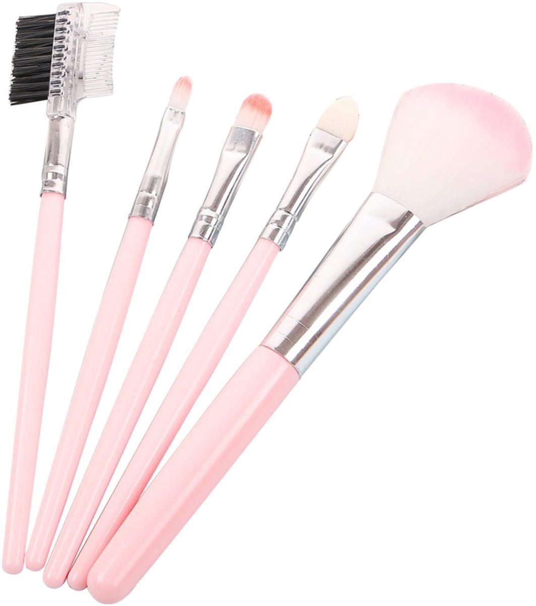 Make-upkwasten - Set van 5 cosmetische kwasten - 11 cm - Gezichts- en oogkwast - Roze kleur - ShopVlot