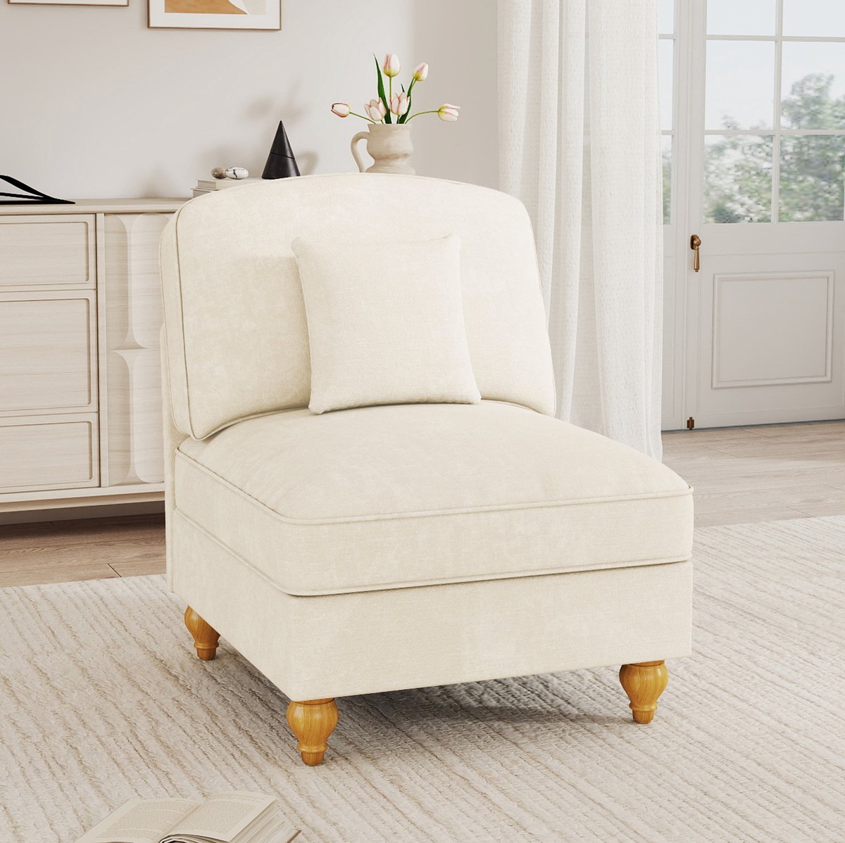 DESMIU Zitbank 1-Zits - Zonder Armleuningen - Comfortabel Met Afneembare Rok En 1 Kussen - Voor Woonkamer En Kleine Ruimtes - Chenille Wit