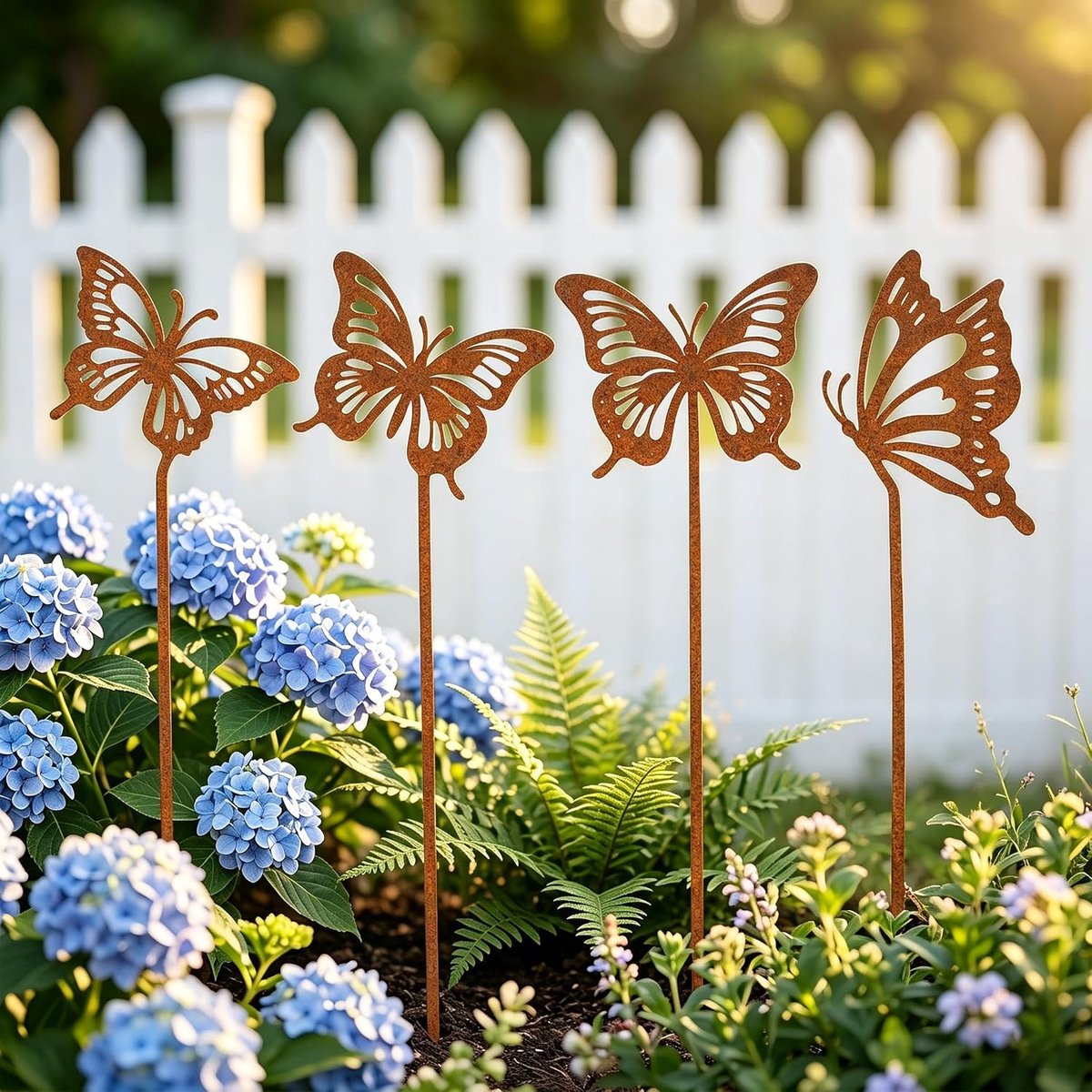 Set van 4 tuinharingen in vlindervorm van metaal, roestlook, weerbestendige buitendecoratie - ShopVlot