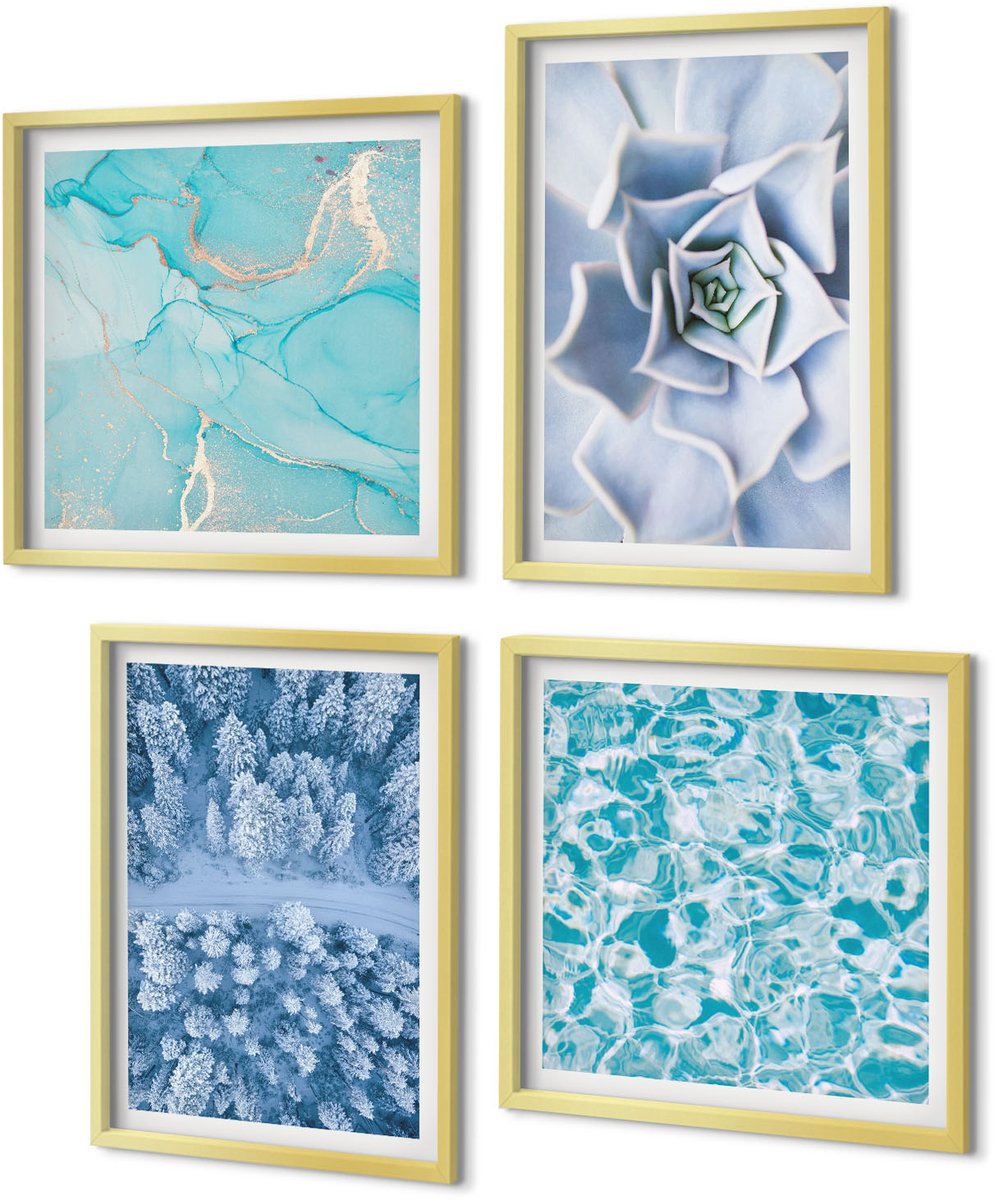Coloray 4-Delige Schilderij Set - Winterbos, blauwe bloem, blauw wateroppervlak - 40 x 40 cm en 40 x 60 cm - Decoratieve Muurdecoratie - Slaapkamer - Wanddecoratie
