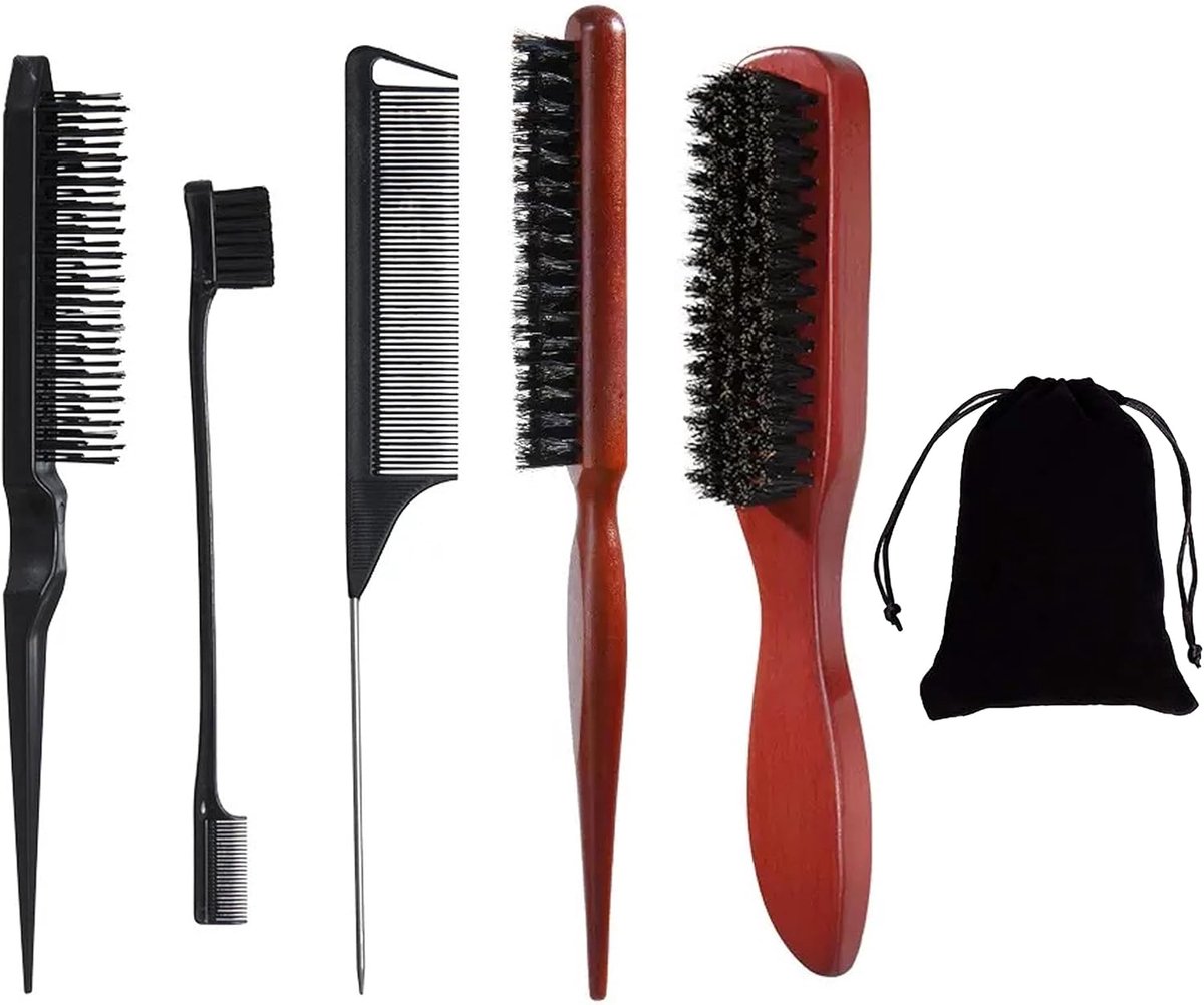 Wild Boar Hair Brush, 5 Pieces Edges Brush, Sleek Bun Brush, Teasing Hair Brush, Twining Brush, Rat Tail Comb with - ShopVlot