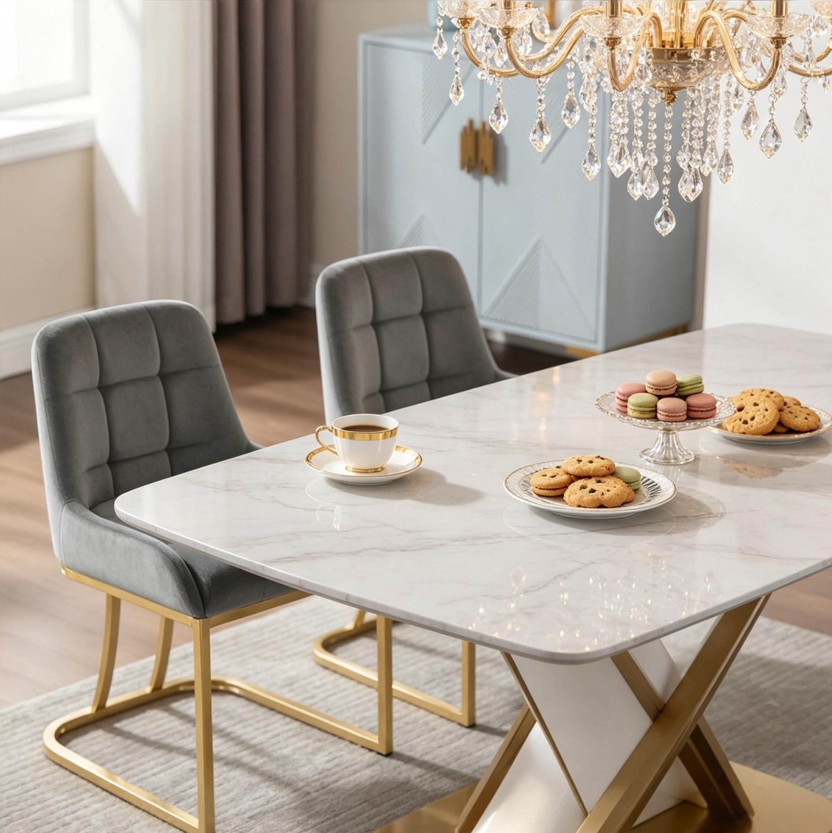 FloraGrace Eetkamerstoel Set Van 2 - Velvet Gestikt Design Met Gouden Metalen Frame - Voor Eetkamer, Woonkamer En Kaptafel - Donkergrijs
