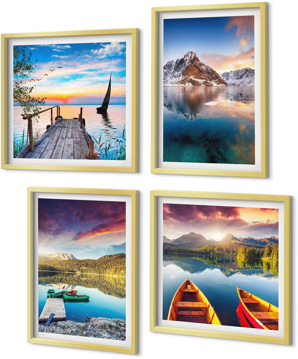 Coloray 4-Delige Schilderij Set - Rustige meren met berglandschap en boot - 40 x 40 cm en 40 x 60 cm - Decoratieve Schilderijen - Wanddecoratie - Hal