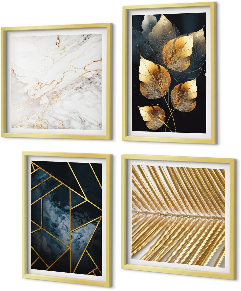 Coloray 4-Delige Schilderij Set - Moderne geometrische patronen en natuurlijke plantmotieven - 40 x 40 cm en 40 x 60 cm - Muurdecoratie - Decoratieve Schilderijen - Wohnzimmer - Stijlvolle Muurdecoratie