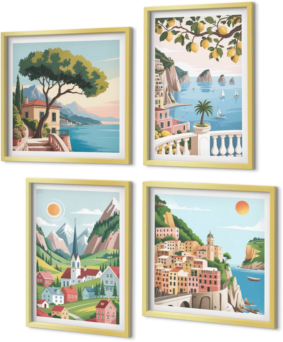 Coloray 4-Delige Schilderij Set - Schilderachtige landschappen met zee en citrusvruchten - 40 x 40 cm en 40 x 60 cm - Stijlvolle Muurdecoratie - Kantoor - Wanddecoratie