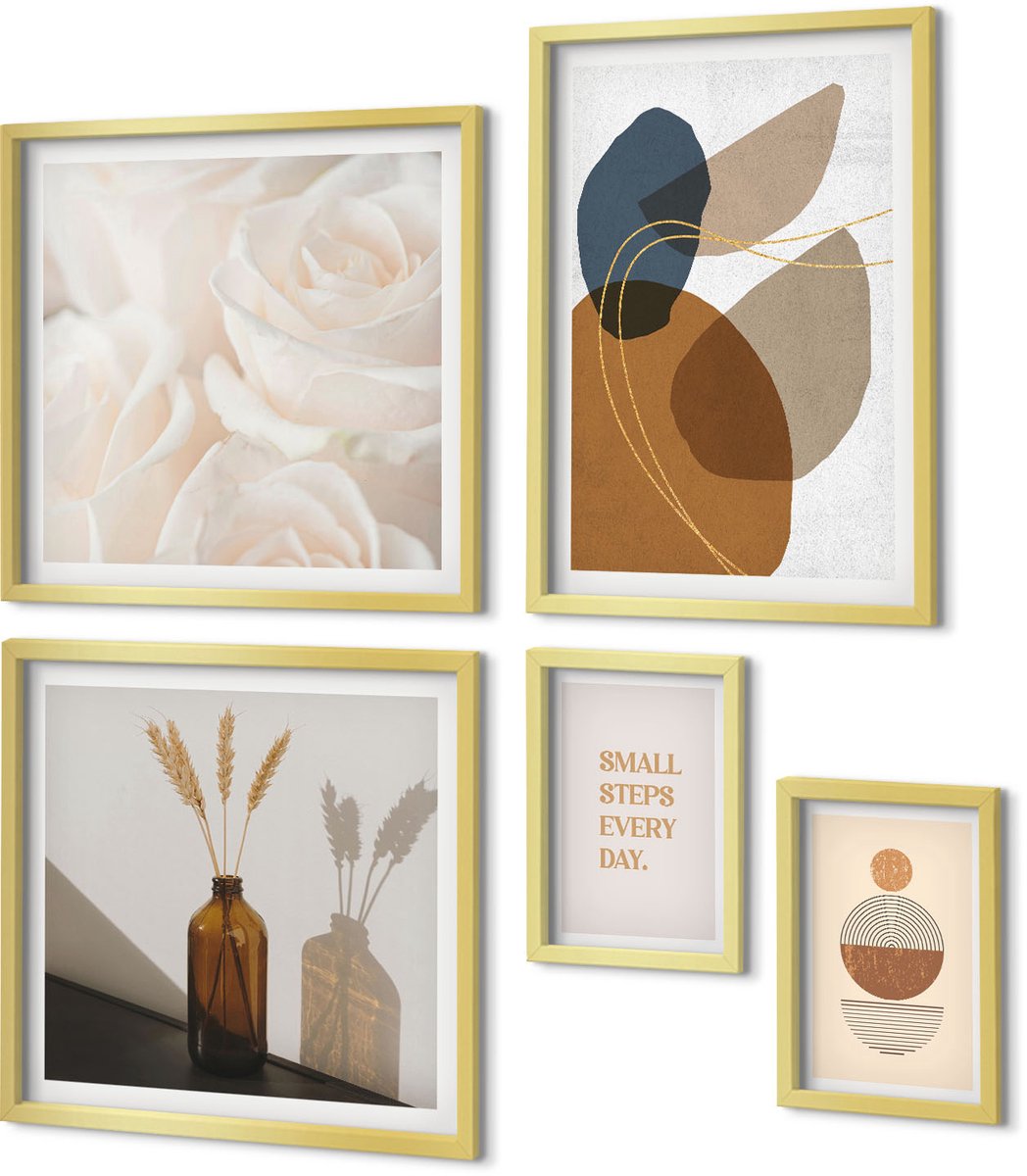 Coloray 5-Delige Schilderij Set - Decoratieve Composities In Boho-Stijl Met Plantenaccenten. - 50 x 50 cm, 20 x 30 cm En 40 x 60 cm - Stijlvolle Muurdecoratie - Kantoor