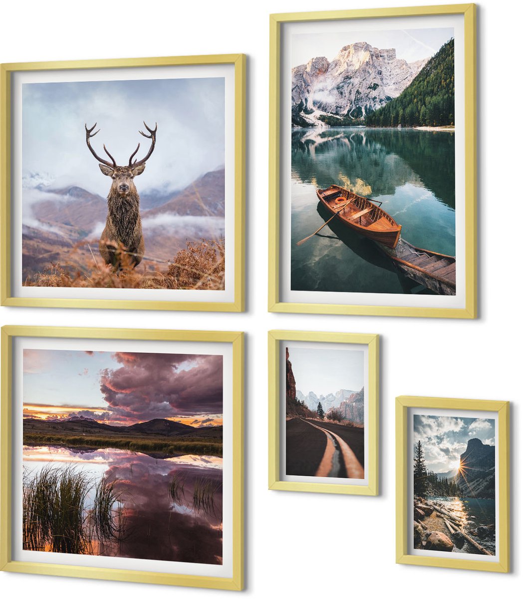 Coloray 5-Delige Schilderij Set - Natuurlandschappen Met Bergen, Meren En Wilde Dieren. - 50 x 50 cm, 20 x 30 cm En 40 x 60 cm - Wanddecoratie - Moderne Interieurdecoratie - Woonkamer Decoratie