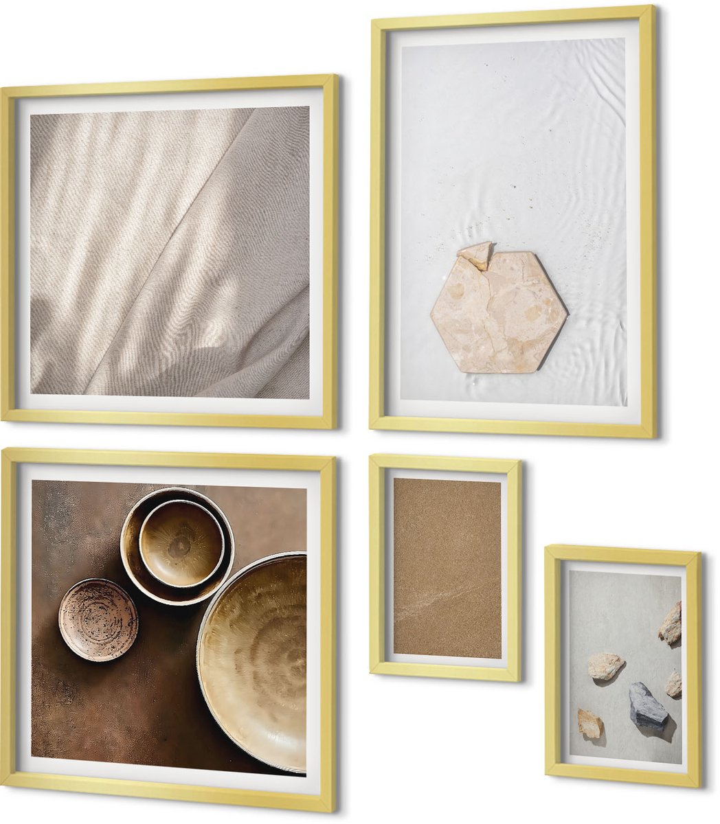 Coloray 5-Delige Schilderij Set - Minimalistische Texturen In Warme Kleuren - 50 x 50 cm, 20 x 30 cm En 40 x 60 cm - Wanddecoratie - Muurdecoratie - Moderne Interieurdecoratie - Stijlvolle Muurdecoratie