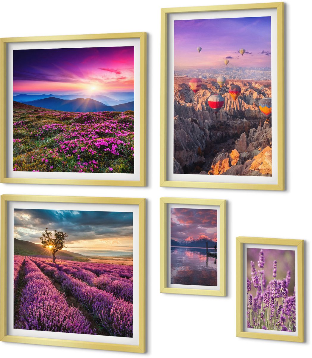 Coloray 5-Delige Schilderij Set - Landschappen Met Lavendel En Heteluchtballonnen - 50 x 50 cm, 20 x 30 cm En 40 x 60 cm - Decoratieve Schilderijen - Wanddecoratie - Hal - Moderne Wanddecoratie