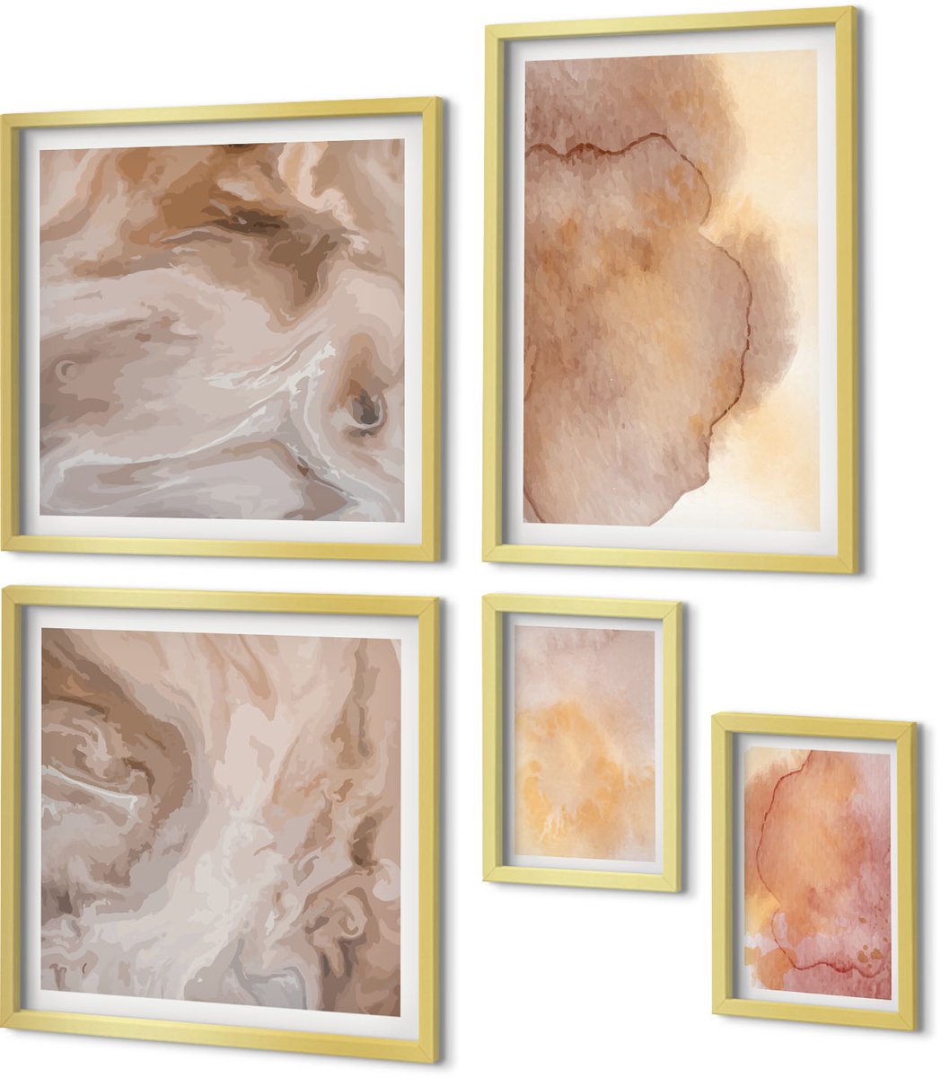 Coloray 5-Delige Schilderij Set - Warme Aquarelverf Op Canvas, Kleurrijke Texturen - 50 x 50 cm, 20 x 30 cm En 40 x 60 cm - Wanddecoratie - Schilderijen Set - Kantoor - Muurdecoratie