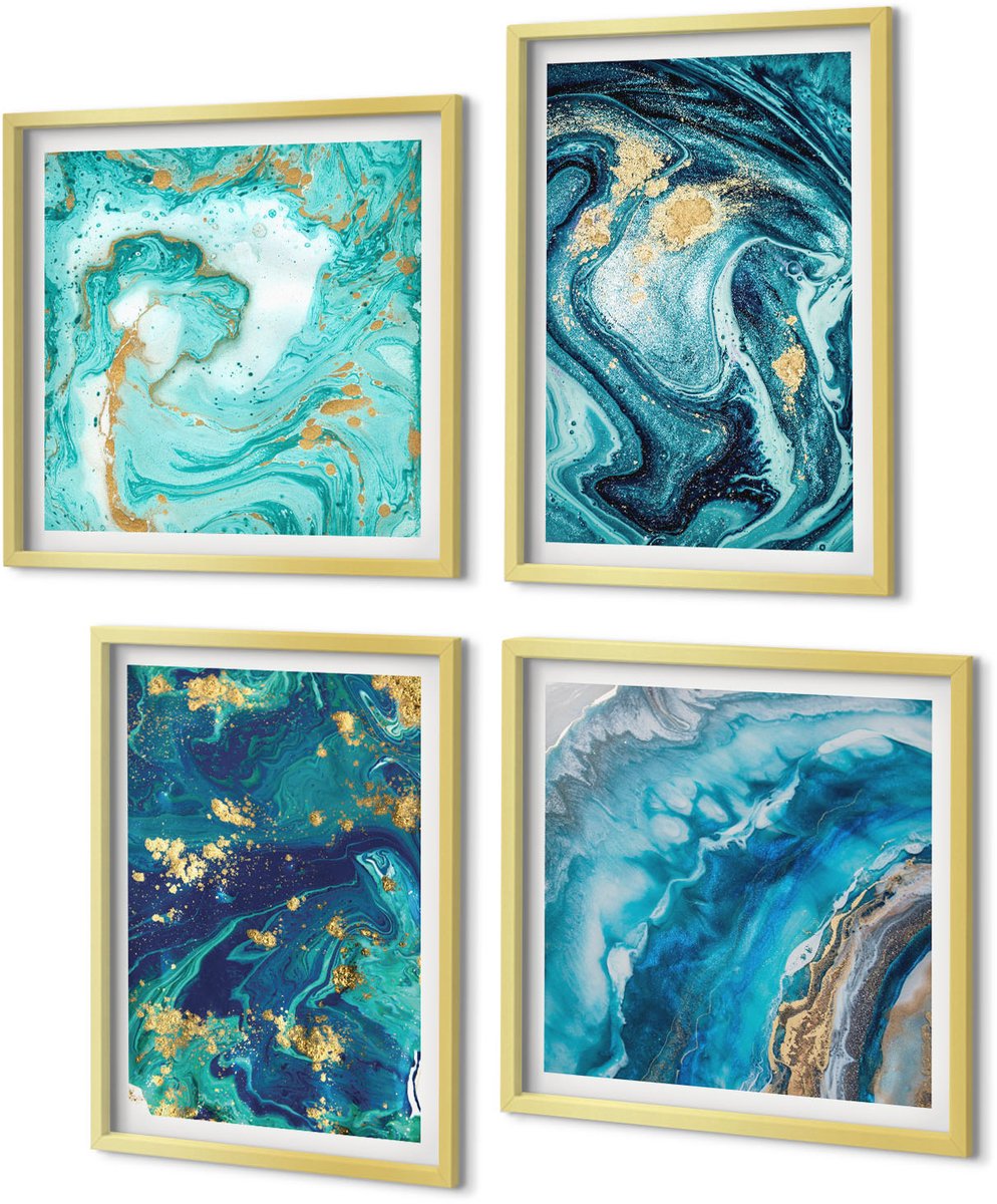 Coloray 4-Delige Schilderij Set - Decoratieve abstracties van gemorste verf - 40 x 40 cm en 40 x 60 cm - Muurdecoratie - Wanddecoratie - Slaapkamer - Decoratieve Schilderijen