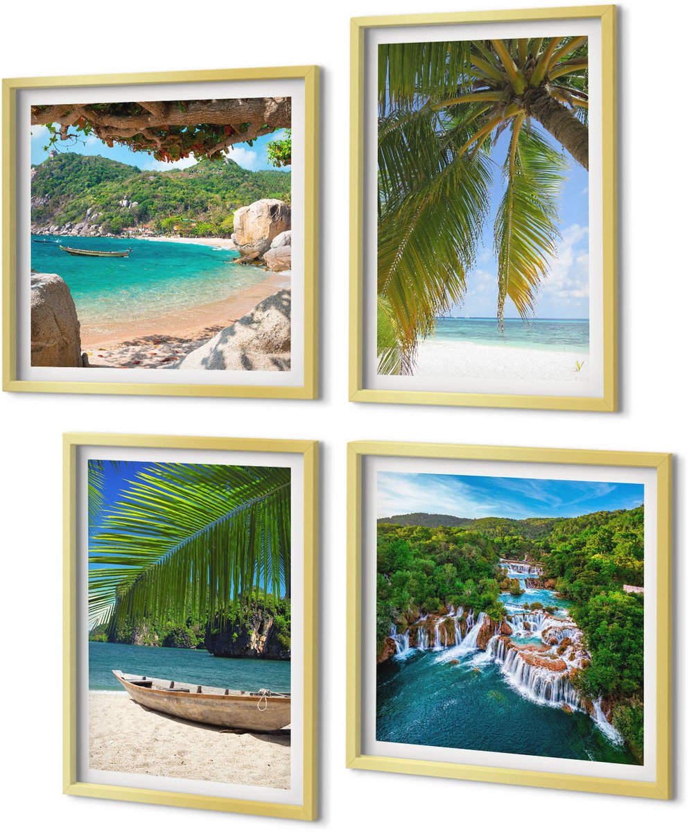 Coloray 4-Delige Schilderij Set - Strand met boten, watervallen en palmbomen in de tropen - 40 x 40 cm en 40 x 60 cm - Muurdecoratie - Wanddecoratie - Hal - Interieur Decoratie
