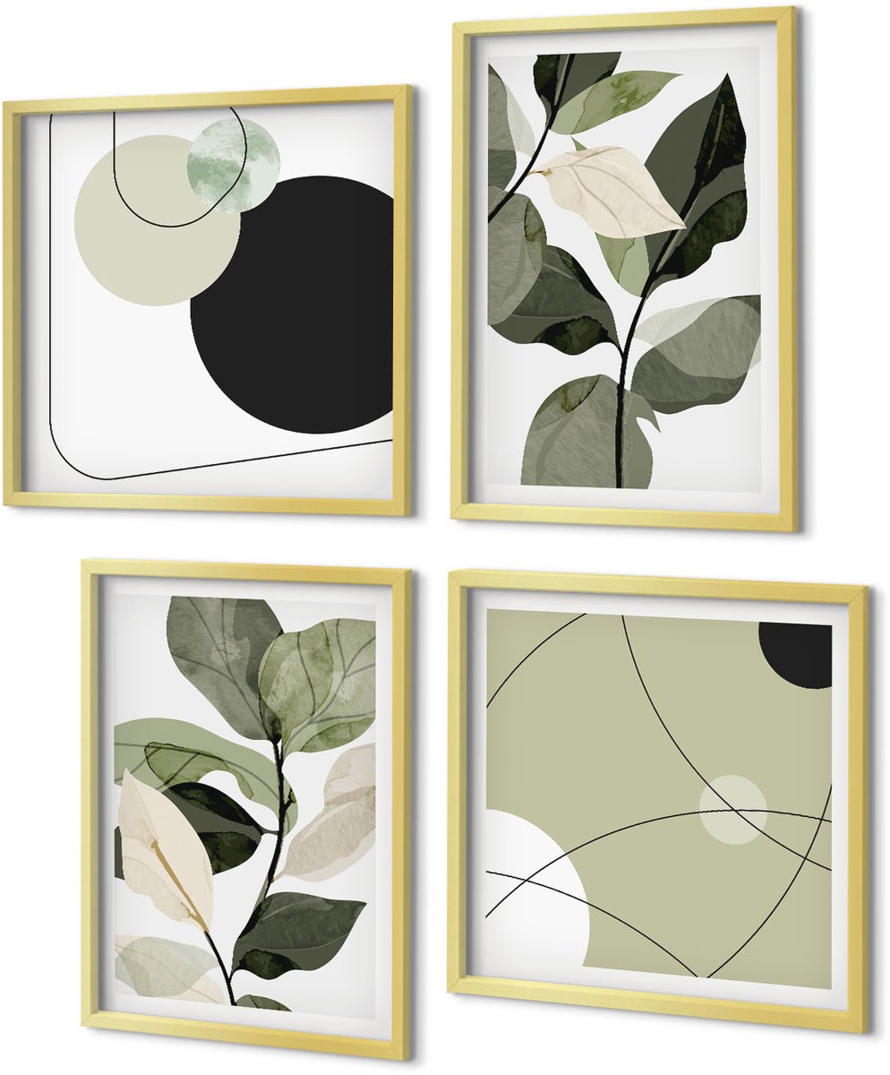 Coloray 4-Delige Schilderij Set - Geschilderde bladeren en abstracte vormen - 40 x 40 cm en 40 x 60 cm - Decoratieve Schilderijen - Wanddecoratie - Hal - Moderne Wanddecoratie