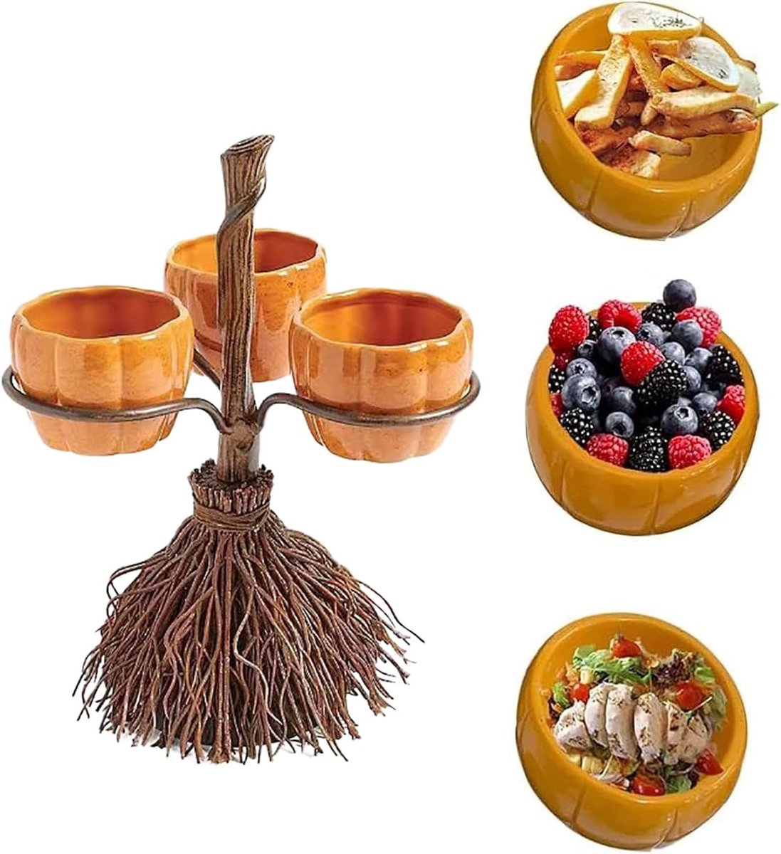 Ulisem - Halloween Snoepschaal - Pompoen Snoepbakjes op Bezemstandaard - 3 Bakjes - Halloween Serveerschaal - Voor Snoep Snacks Salade en Dessert - Feestdecoratie