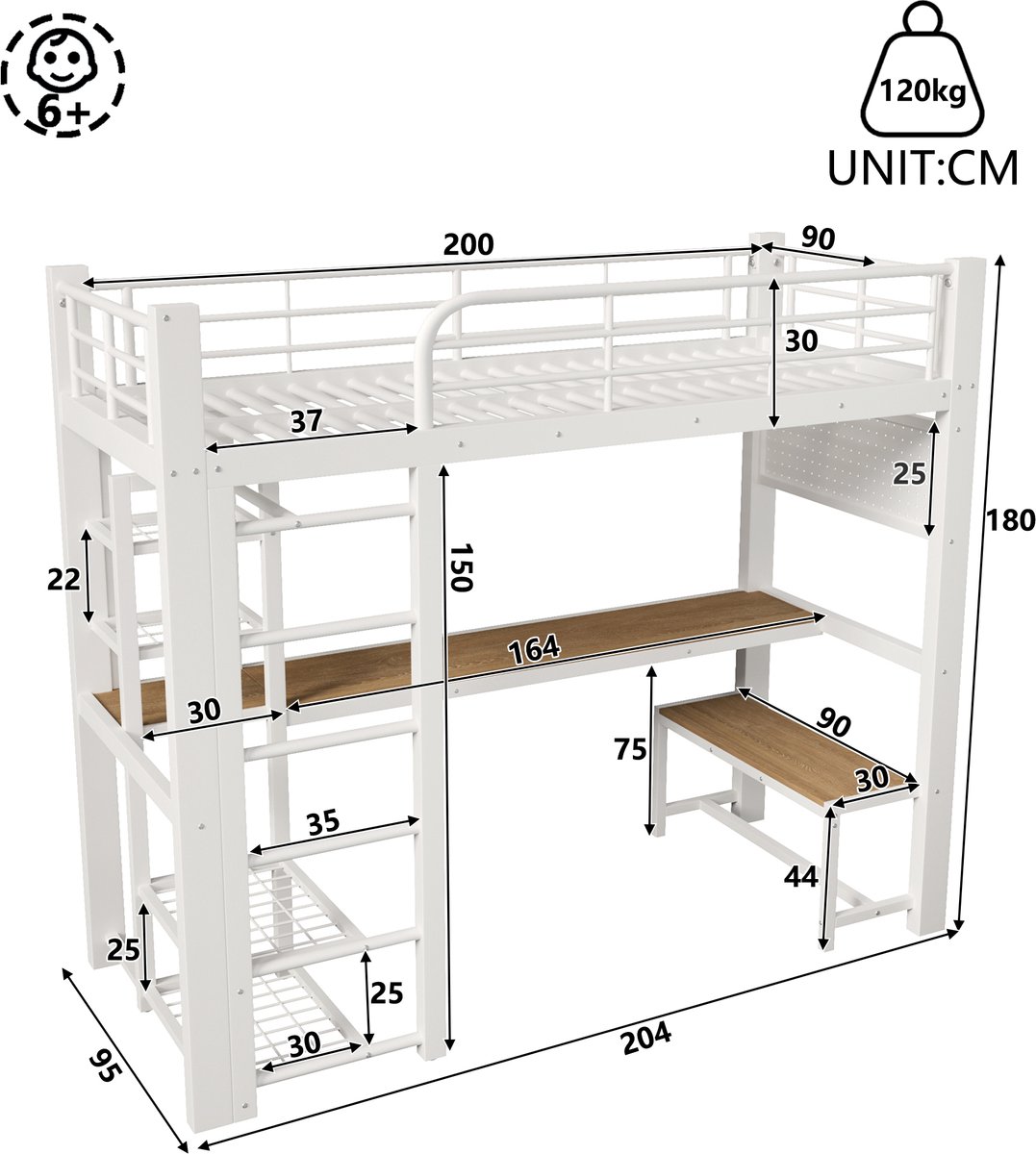 Hoogslaper - 90 x 200 cm - 1-persoons - met bureau - met opbergruimte - met LED-verlichting - met trap - Wit