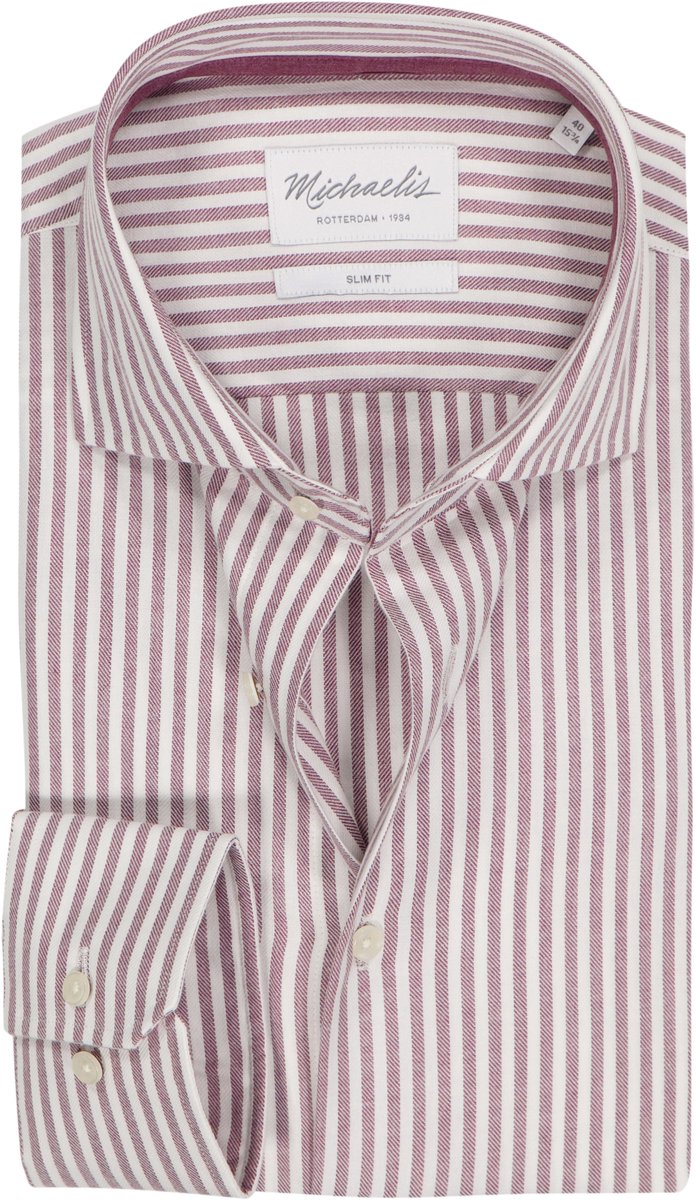 Michaelis slim fit heren overhemd - flanel - bordeaux rood gestreept - Strijkvriendelijk - Boordmaat: 42 (EU maat: L)