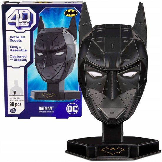 Zwarte Batman masker 3D puzzelkit met 90 stukjes, gedetailleerd en ontworpen voor display.