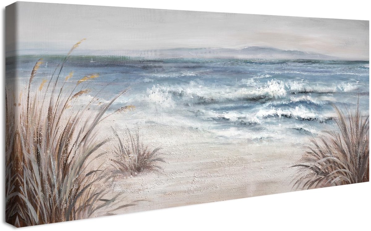 Famanu – Ingelijste muurkunst met afbeelding van strand en zeegezicht, canvas print, abstract landschap voor wanddecoratie
