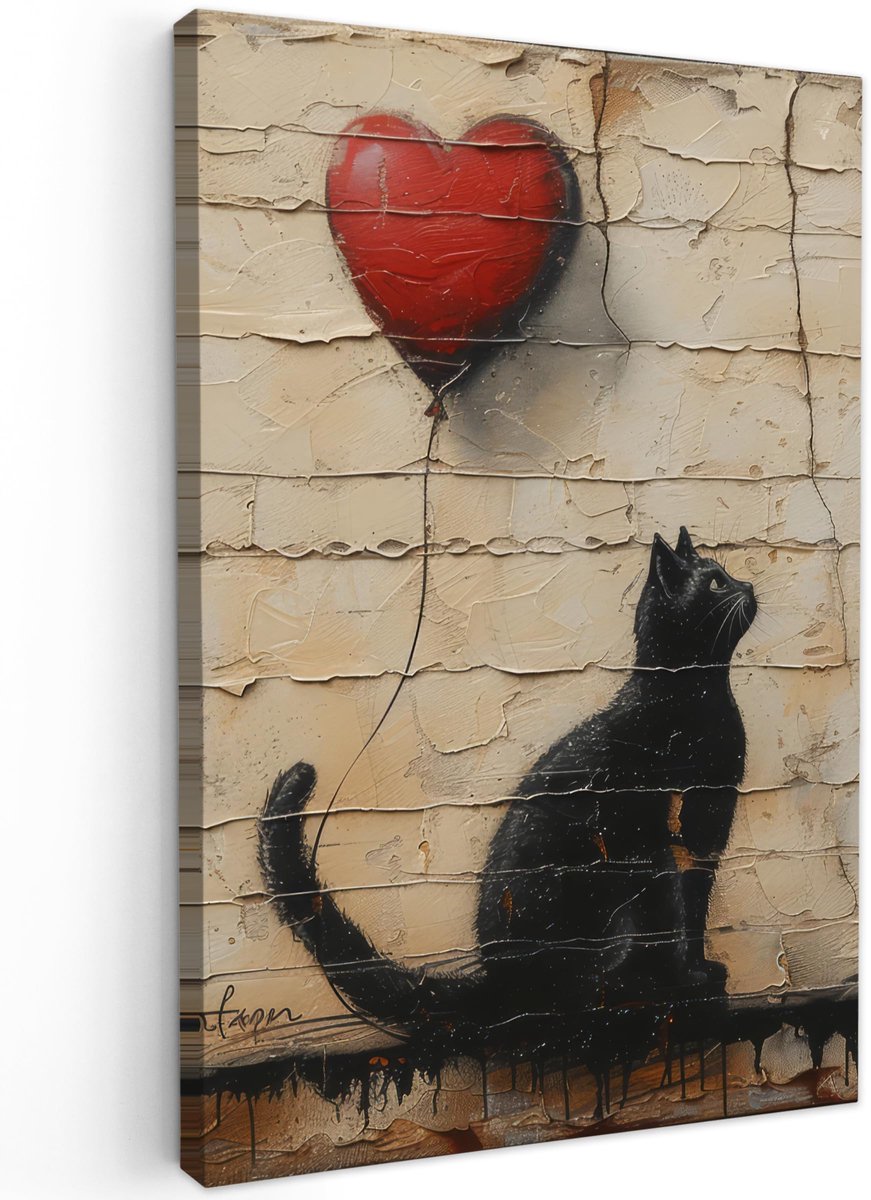 Famanu – Canvas schilderij 40 x 60 cm, muurdecoratie voor woonkamer en slaapkamer, kunstwerk met street art, kat met ballon, graffiti-stijl