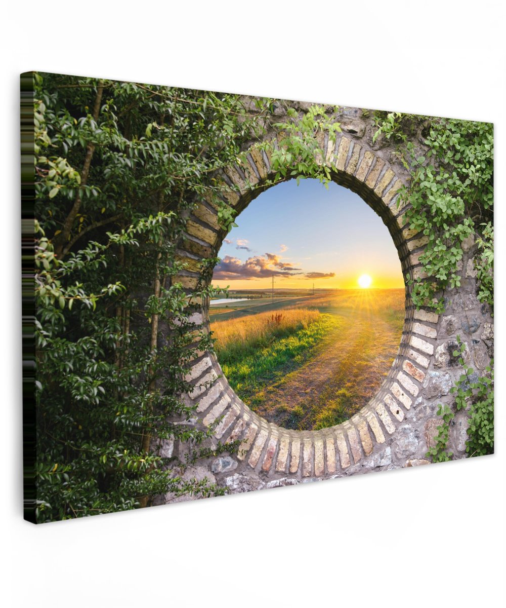 Famanu – Canvas schilderij 90 x 60 cm, wanddecoratie voor woonkamer en slaapkamer, platteland thema met zon