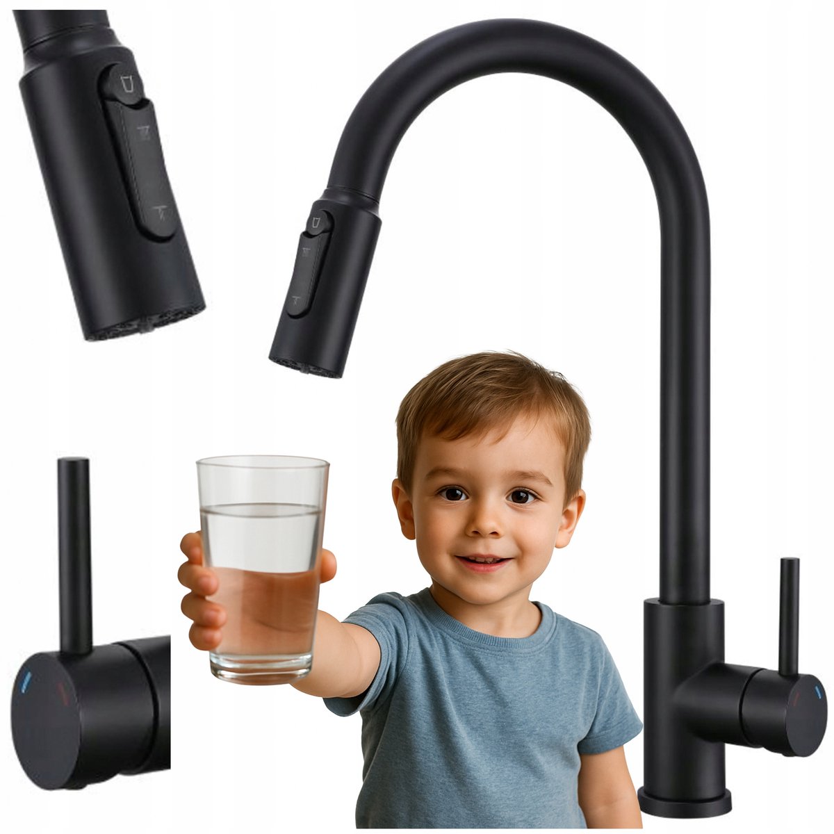 Zwarte Keukenmengkraan 3-weg met Uittrekbare Spuit & Waterfilter
