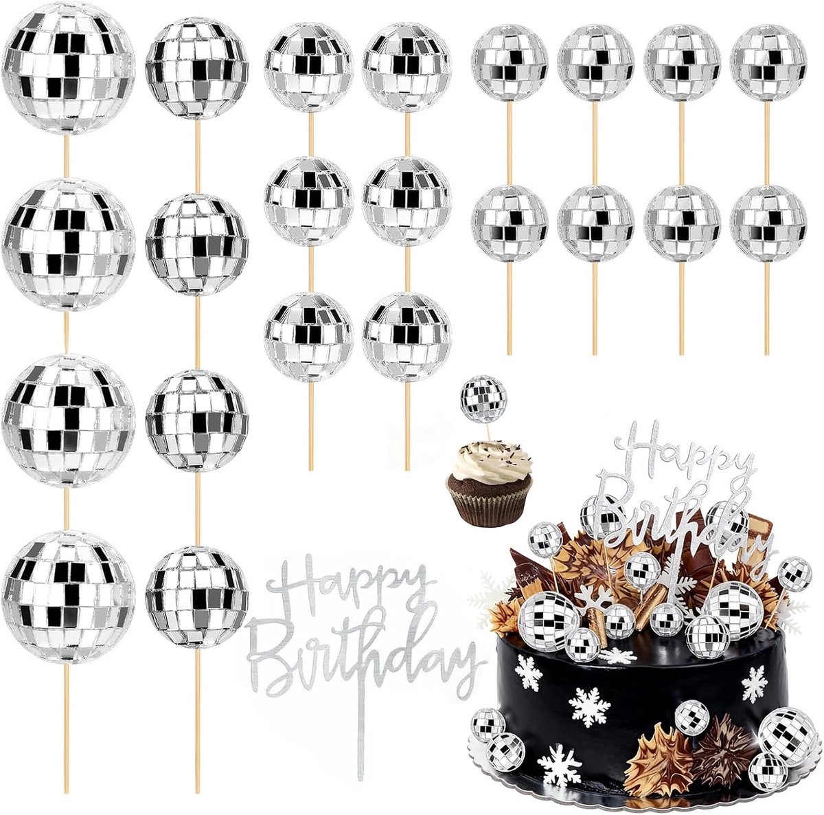 Pack of 23 Disco Balls Cake Decoration with Happy Birthday Panel 4 Sizes Faceted Balls Mini Decoration Balloon Cake - ShopVlot