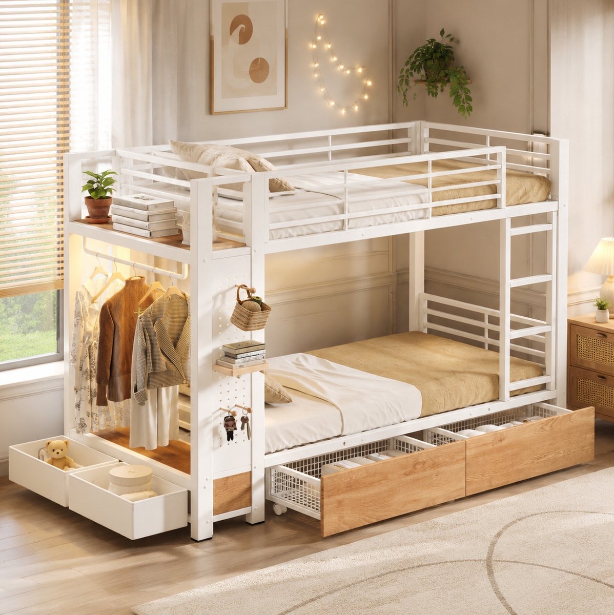 OKWISH Stapelbed 90x200 cm Zonder Matras - Metaal en MDF - Met LED Verlichting, Opbergruimte, Lades en Kledingstang - Wit