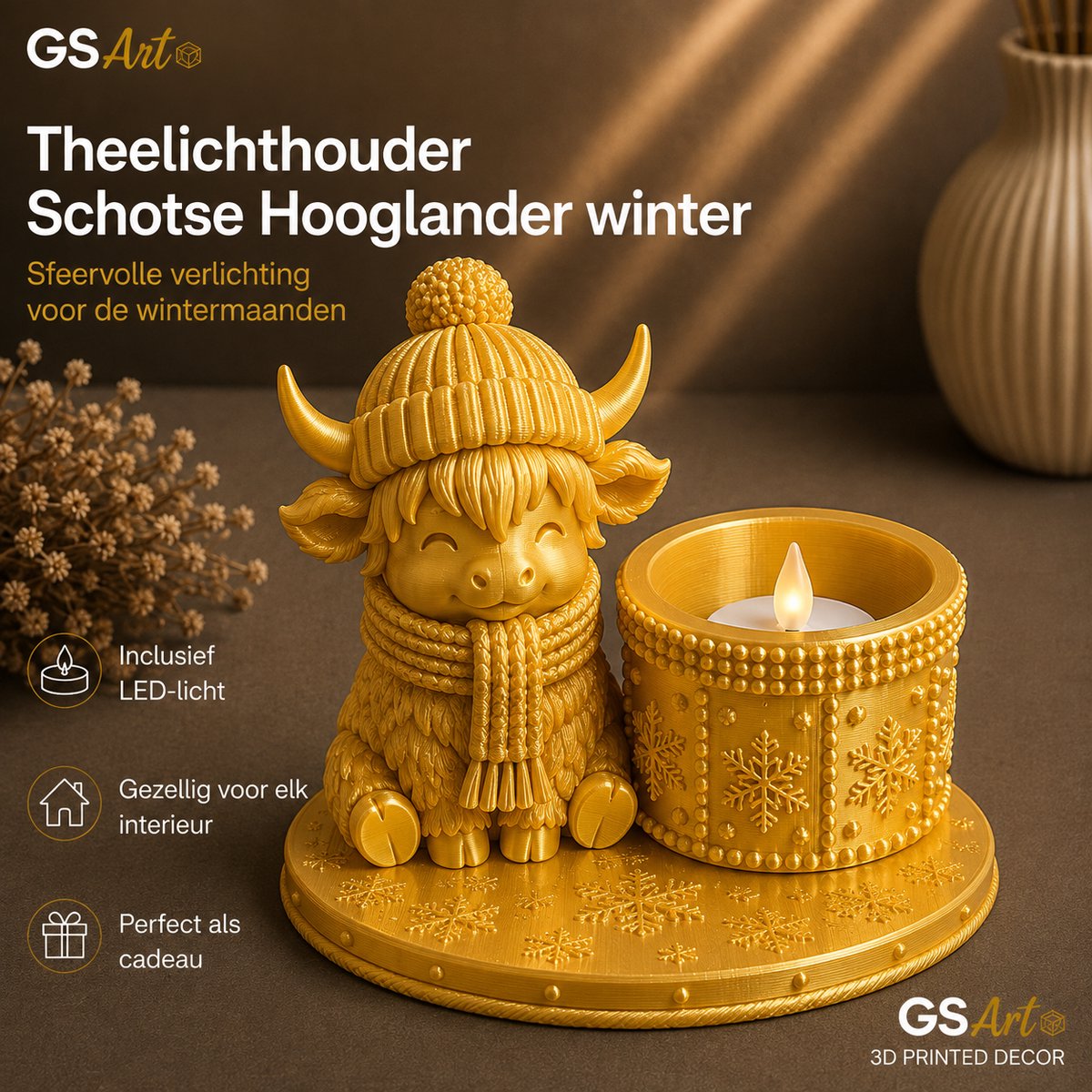 GSArt Theelichthouder Schotse Hooglander Winter – inclusief LED-kaarsje - Zijde Goud