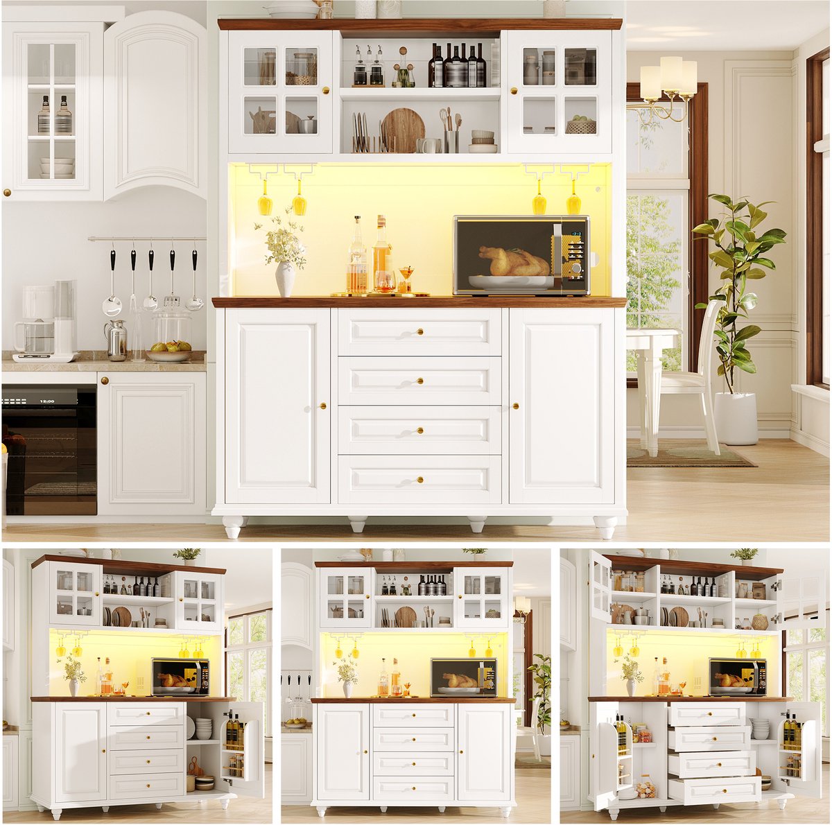 Clruro Keukenkast - 140 x 40 x 179,5 cm - RGB LED - 4 Laden en Wijnglashouder - MDF - Wit