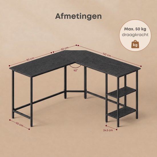 Afmetingen van een zwart hoekbureau met maximale draagkracht van 50 kg.