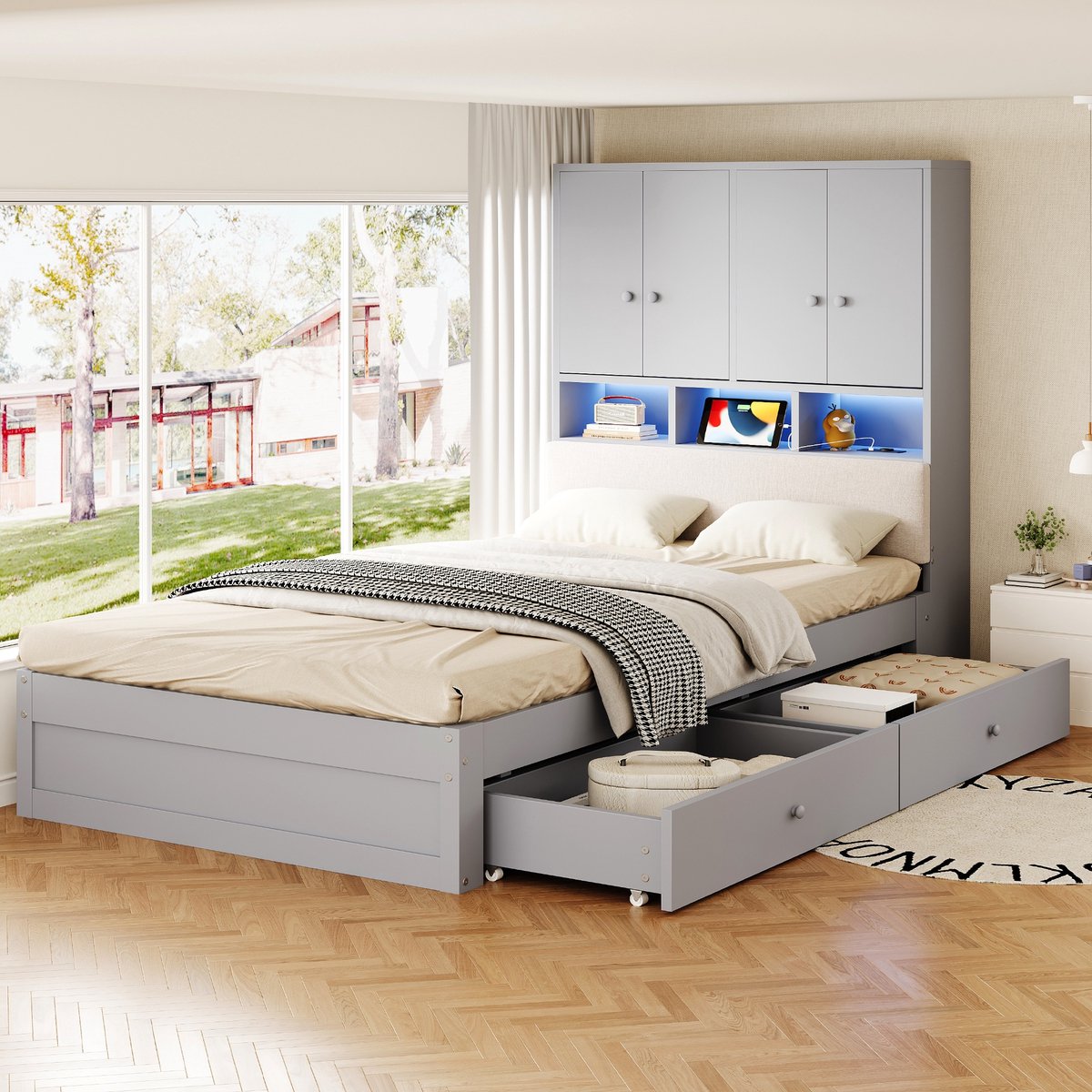 Sweiko Houten bed - 90 x 200 cm - Gestoffeerd hoofdeinde - Met opbergruimte - LED-verlichting - Stopcontact - 2 lades - Grijs