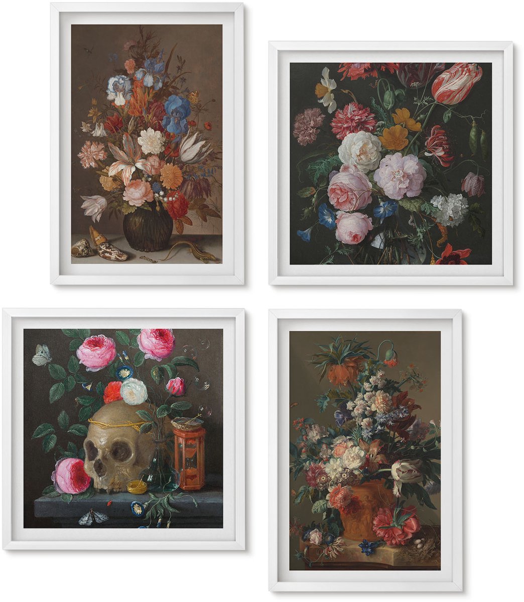 Wallfluent 4-Delige Schilderij Set - Bloemen In Vazen: Diverse Vintage Plantencomposities - 40 x 40 En 40 x 60 - Wanddecoratie - Schilderijen Set - Kantoor - Decoratieve Schilderijen