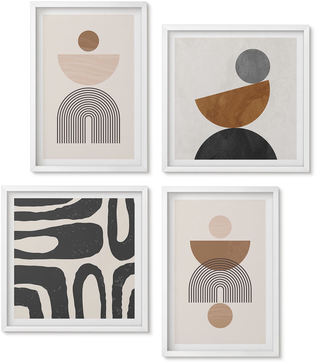 Wallfluent 4-Delige Schilderij Set - Abstracte Vormen, Modieus Boho-Design - 40 x 40 En 40 x 60 - Wanddecoratie - Woonkamer Decoratie - Decoratieve Schilderijen