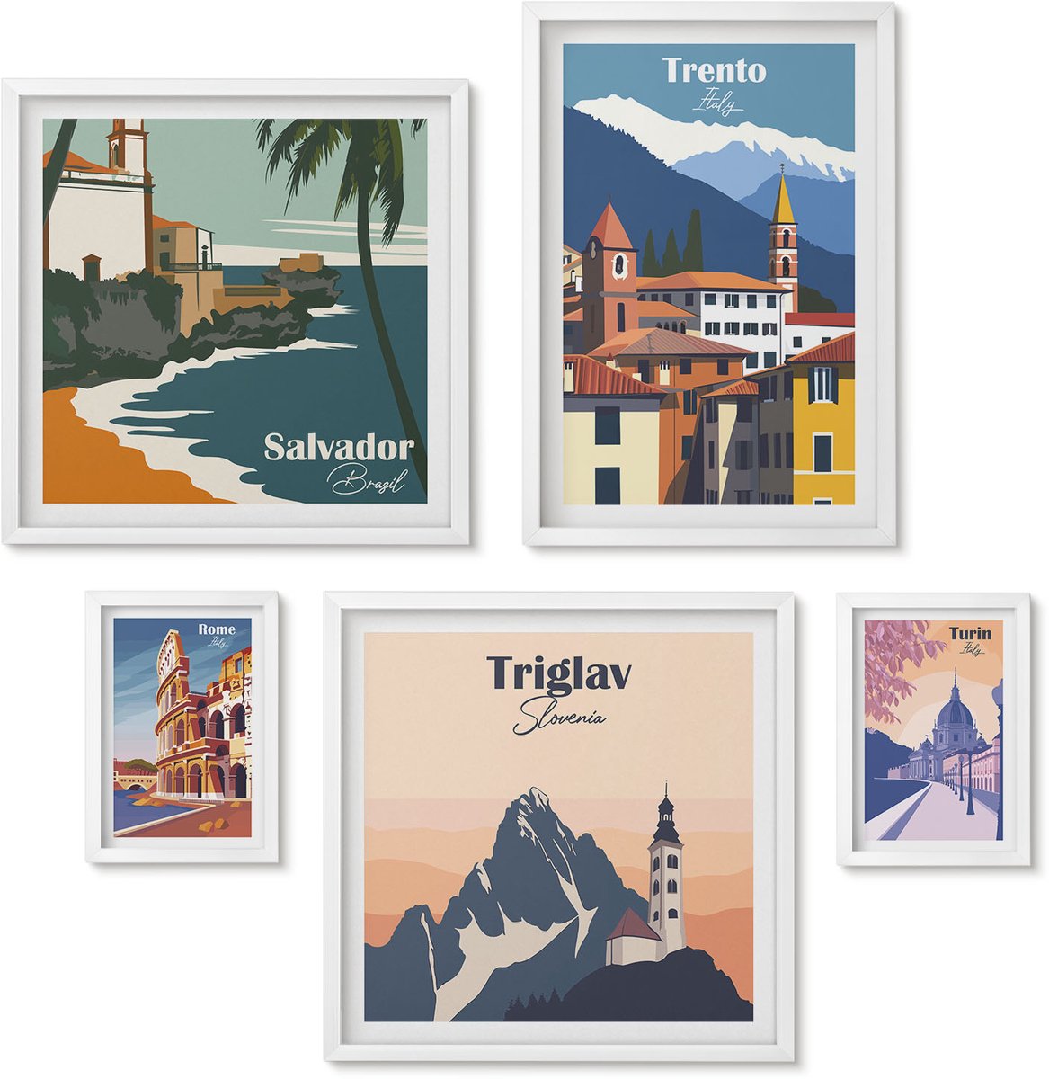 Wallfluent 5-Delige Schilderij Set - Europese Steden En Landschappen In Retrostijl - 50 x 50 cm, 20 x 30 cm En 40 x 60 cm - Moderne Wanddecoratie - Woonkamer - Stijlvolle Muurdecoratie