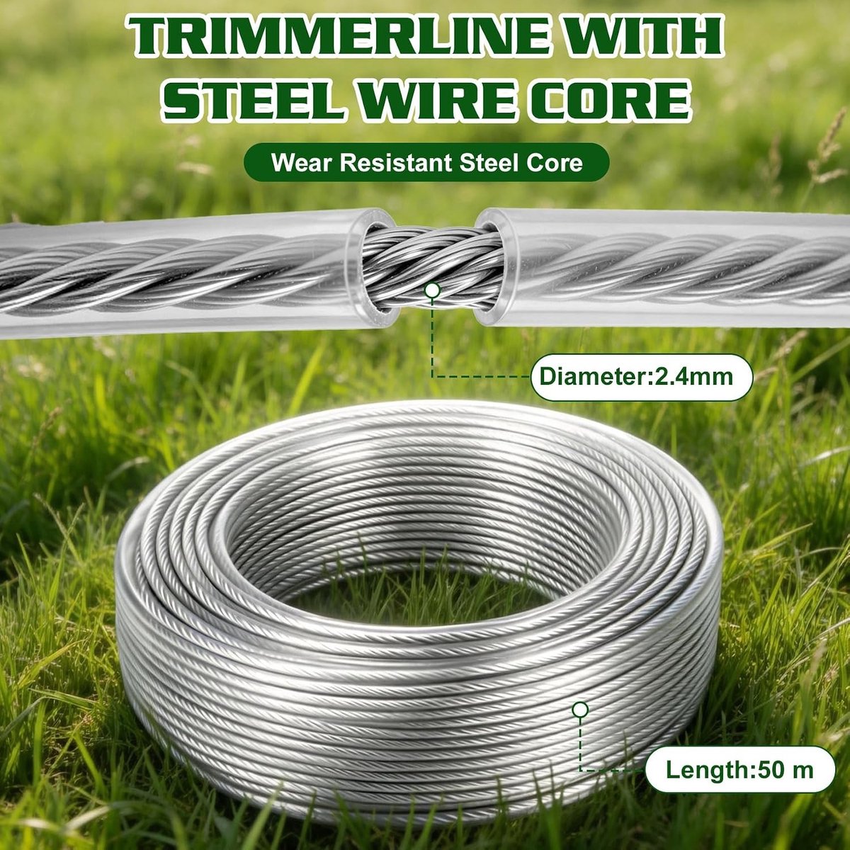 Trimmerdraad - 50 m - 2,4 mm - Stalen Kern met Nylon Omhulling - Voor Grastrimmers en Bosmaaiers