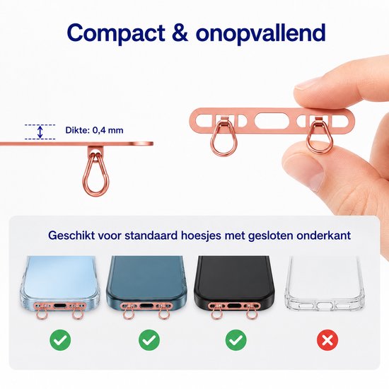 Een rosé gouden telefoon lanyard houder, 0,4 mm dik. Ernaast een weergave van de adapter die aan de onderkant van een telefoonhoesje wordt bevestigd.