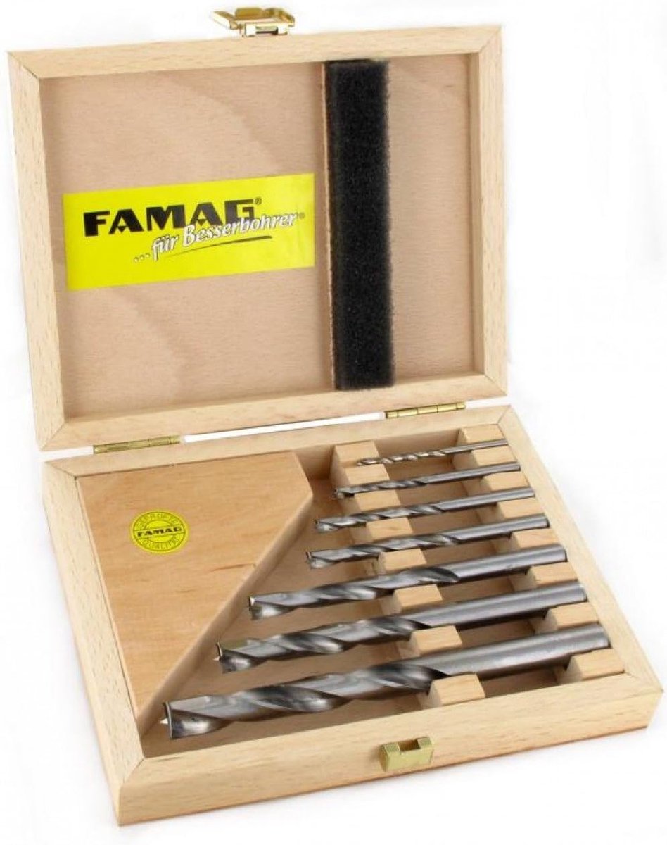 Famag 1593.507 HM Wood Spiral Drill Bit Set, 7 Pieces in Wooden Case: 3, 4, 5, 6, 8, 10 & 12 mm - ShopVlot