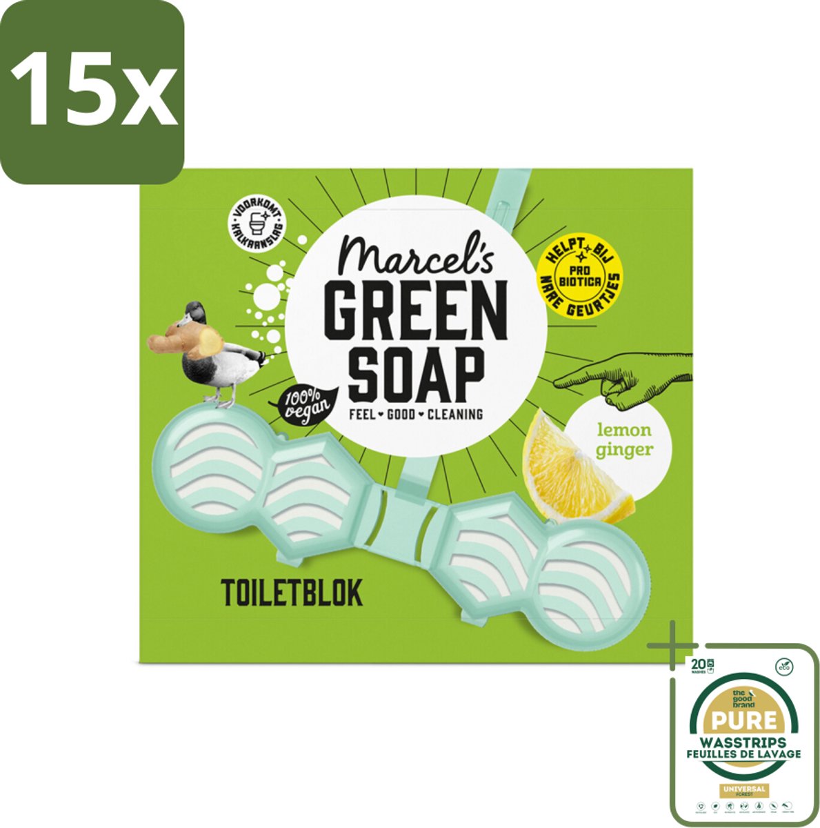 15 x Marcel's Green Soap - Toiletblok - Citroen & Gember - Langdurige werking - 1 Toiletblok - Grootverpakking - Toiletblok Citroen En Gember - Toilet Reiniger - Anti-kalk Toilet - Natuurlijke Toilet Reiniger - Milieuvriendelijke Toilet Reiniger